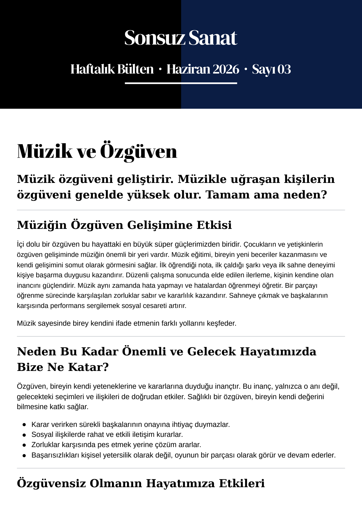 Sonsuz Sanat Haftalık Bülten Haziran 2026 Sayı 03 - Müzik ve Özgüven, sayfa 1